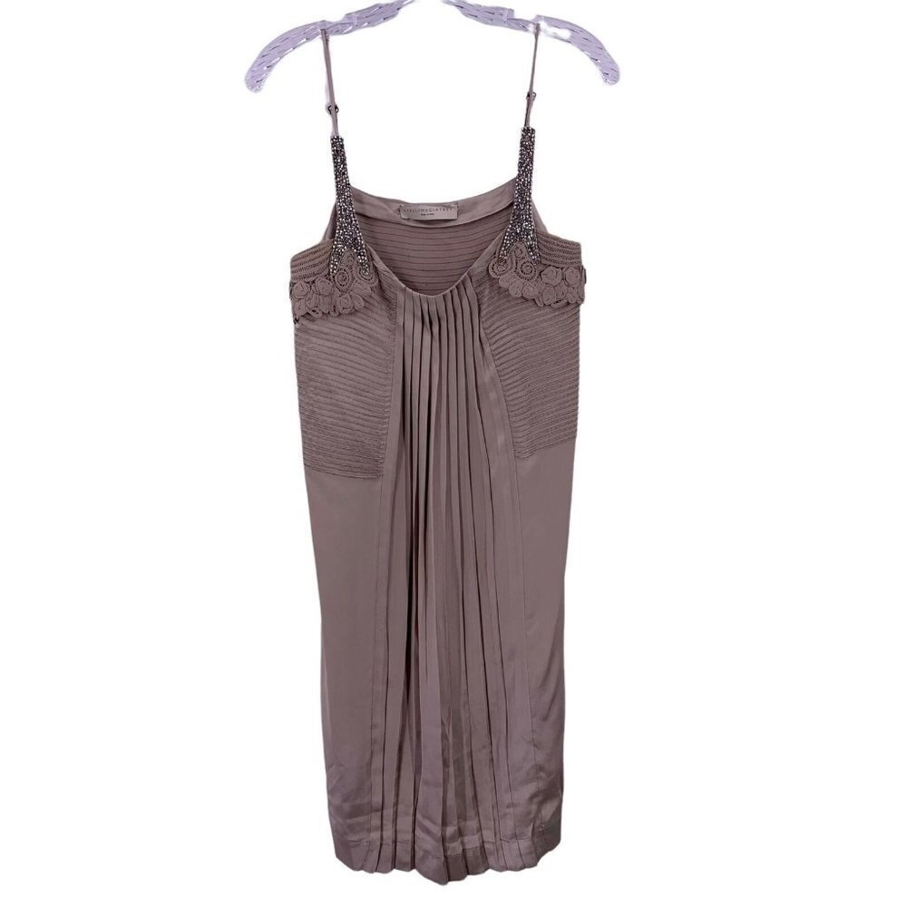 Stella McCartney Champagne Pleated Silk Lace Rhinestone Slip Dress Size 36 AS IS